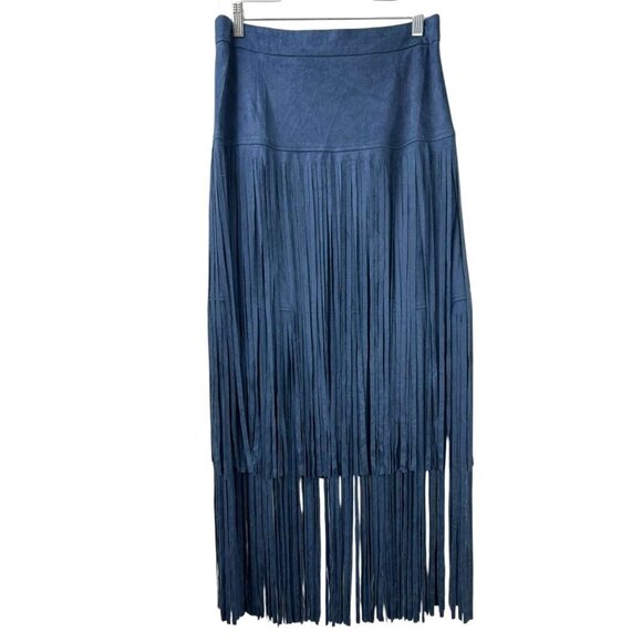 Adore Women's Size Medium Navy Blue Suede Maxi Two-tiered Fringe Skirt - Picture 1 of 14